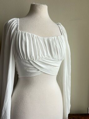 White Ruched Wrap Bodice Long Sleeve Crop Top